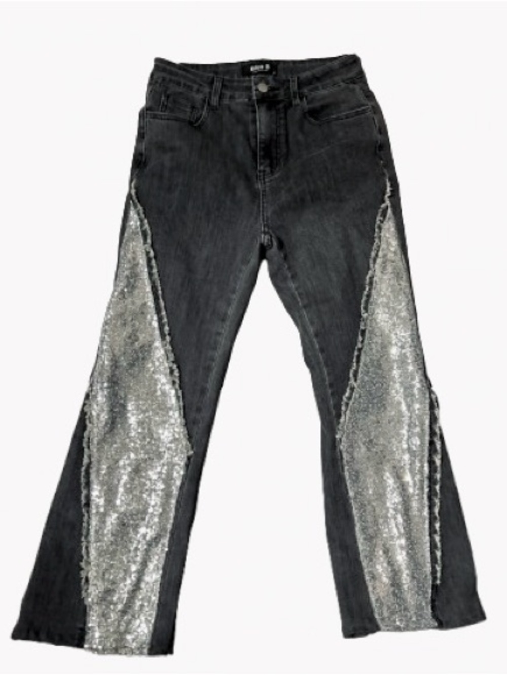 Silver Sequined Jeans BLUE B Medium Gray Black Jeans Designer Bling Denim Small